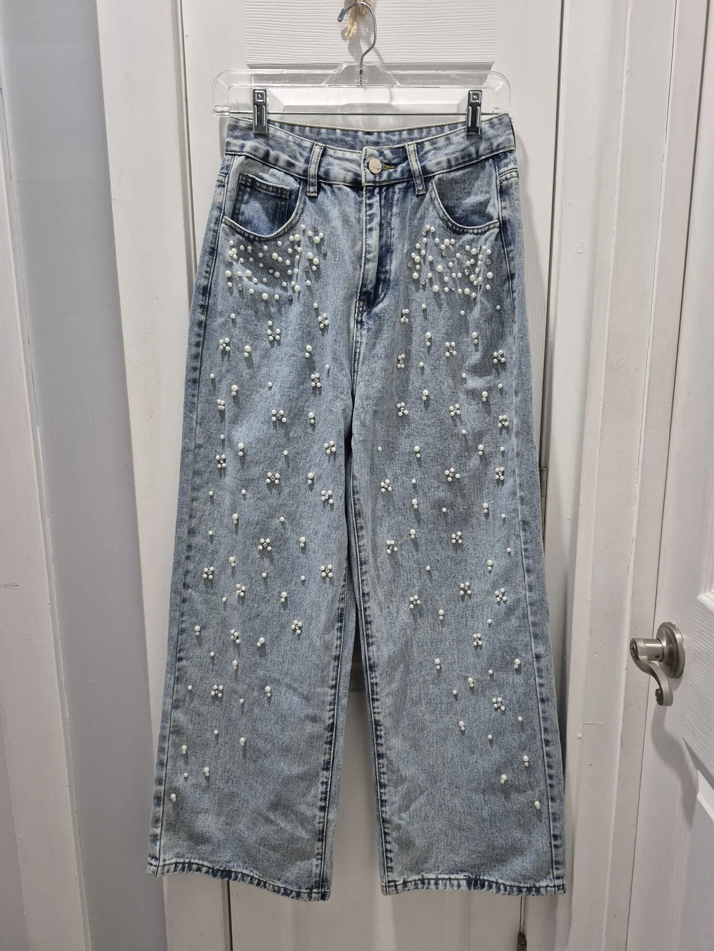 Light Blue Pearl And Rhinestone Studded Barrel Wide-Leg Jeans New Without Tags